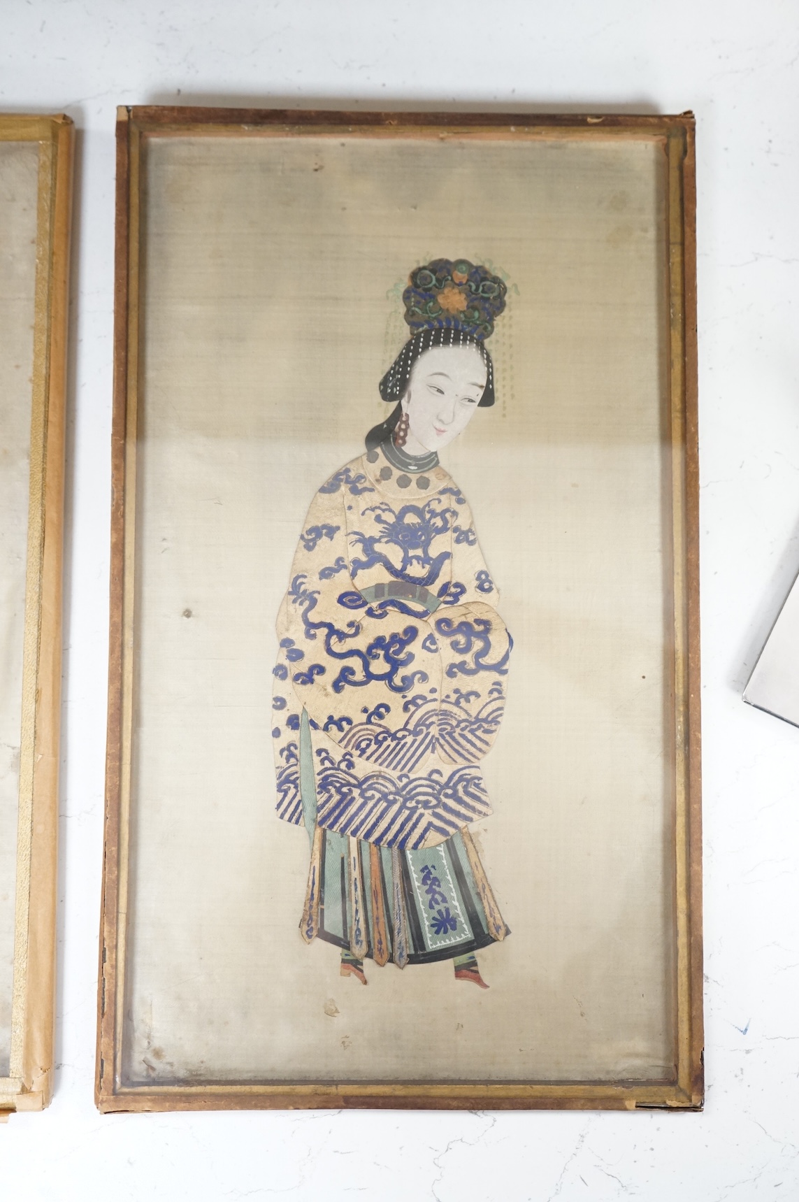 A pair of Chinese painted silk couch work Peking opera figures, early 20th century, framed, 38cm high